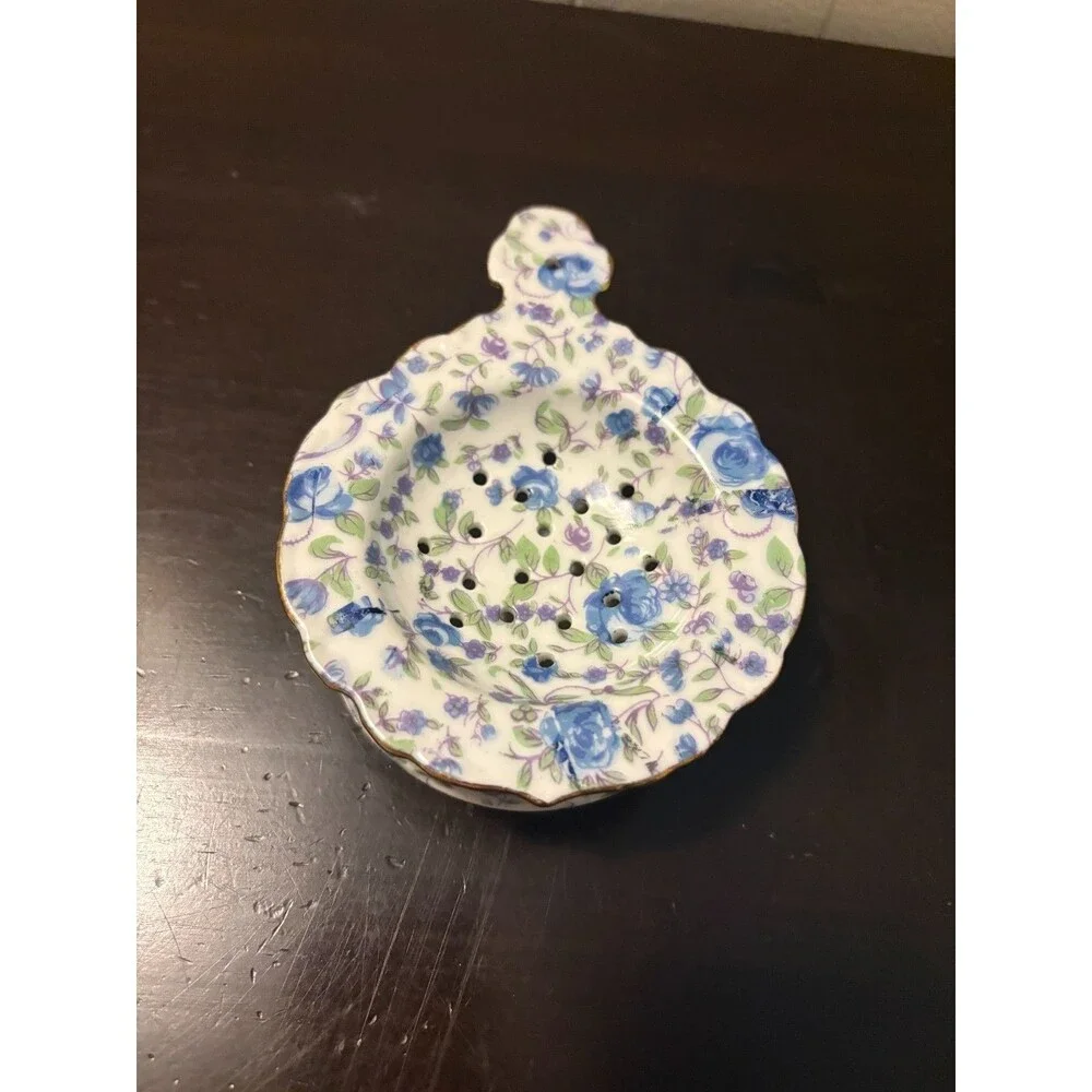 Vintage Porcelain Tea Strainer Rest Bowl Blue Purple Chintz Floral Gold Trim
